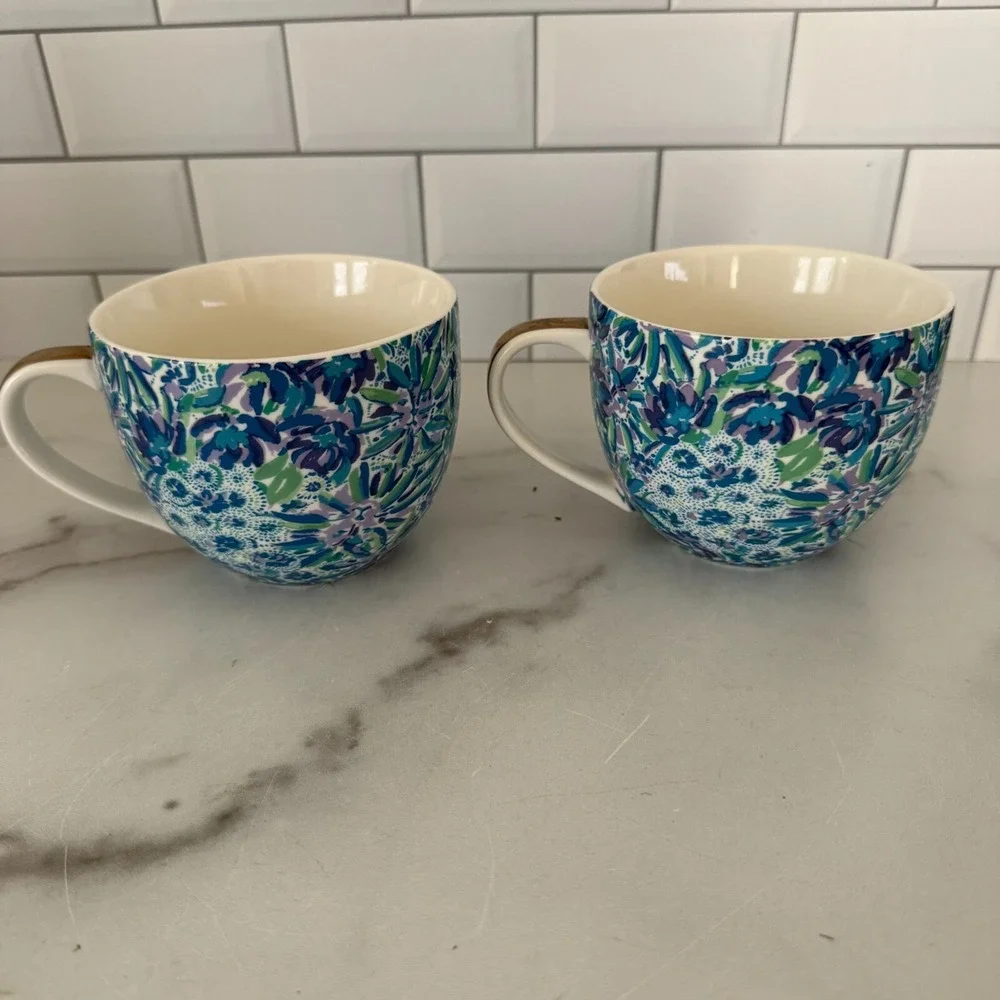 Lilly Pulitzer Ceramic Coffee Tea Cup Mug Tiger Lily Floral Set Of 2 Gold Handle - Picture 5 of 7